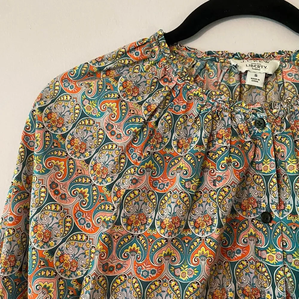 J. Crew Liberty Fabric Blue Pink Paisley Button Down Peasant Blouse Women Small